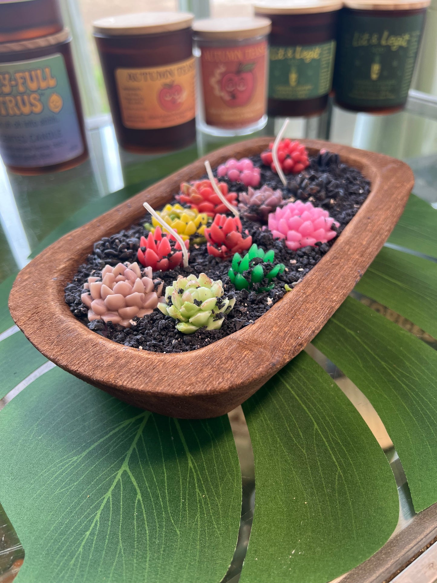 Wooden Bowl Flower Candle